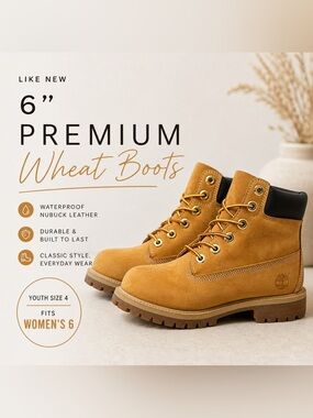 Timberland 6” Premium Wheat Boots Youth Size 4 Fits Women’s 6 Nubuck Waterproof